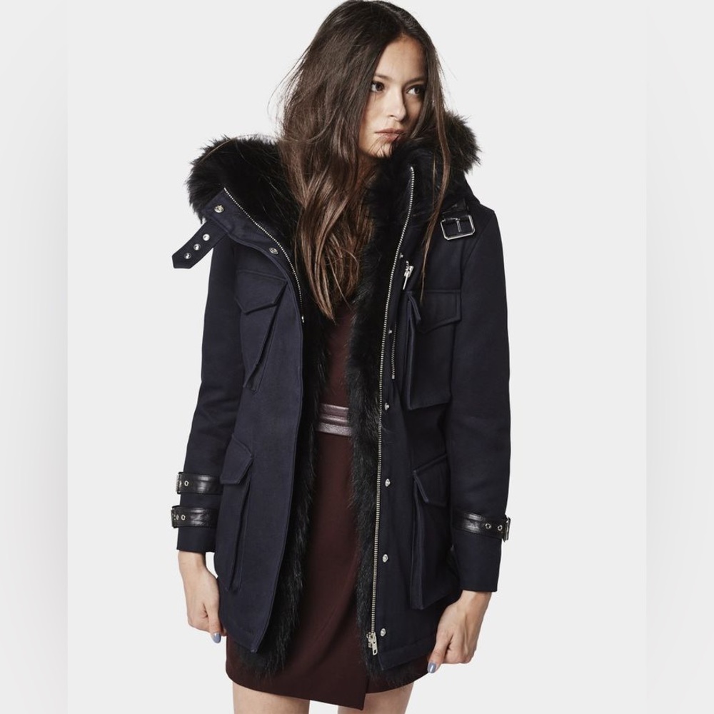 The Kooples Black Fur-Trimmed Utility Jacket in excellent condition